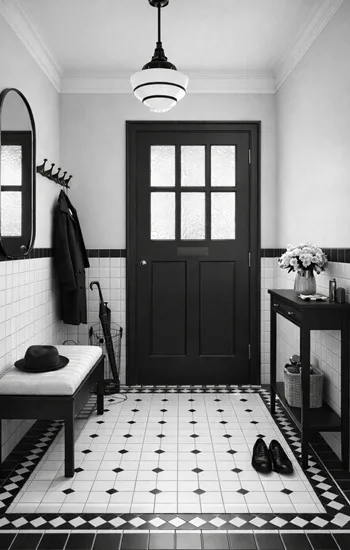 Stijlvolle inkomhal met zwart-witte Winckelmans tegels in klassiek dambordpatroon en decoratieve boord. Duurzame keramische patroontegels, ideaal voor hal, gang of entree. Tijdloos design met geometrisch karakter en hoge slijtvastheid. Kom langs naar onze showroom in West Vlaanderen en ontdek de volledige collectie van Winckelmans.