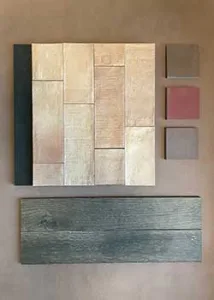 rechthoekige en langwerpige keramische cotto of terracotta tegels in licht rood, roze grijs. Kunnen zowel als vloer of wand. Snel beschikbaar in onze stockverkoop voor doe het zelvers.