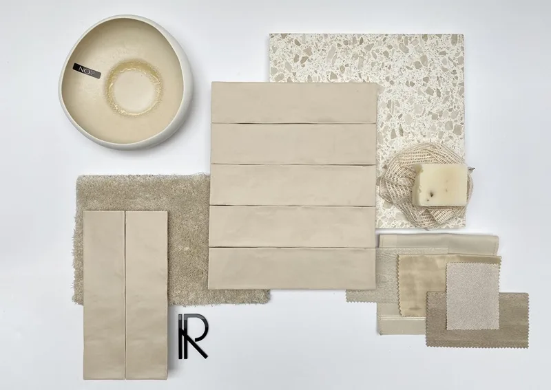 Inspirerend moodboard met Revoir Paris Re-Bel terrazzo tegels en Provence wandtegels in Beige Coquille. Zachte zandtinten en natuurlijke texturen vormen samen een tijdloos en warm kleurenpalet voor keuken, badkamer of hal. Ideaal voor rustige, elegante interieurs.