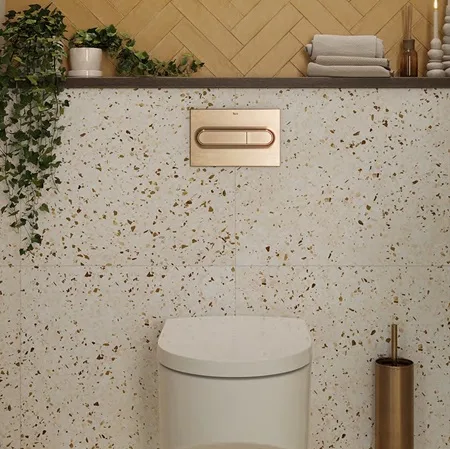 Stijlvolle combinatie van Revoir Paris Re-Bel Caramel terrazzo vloertegel en Provence Caramel wandtegel. Warme, natuurlijke tinten in twee texturen zorgen voor een harmonieus interieur. Te koop bij Top Tegel 04 in Ieper, beschikbaar uit voorraad.