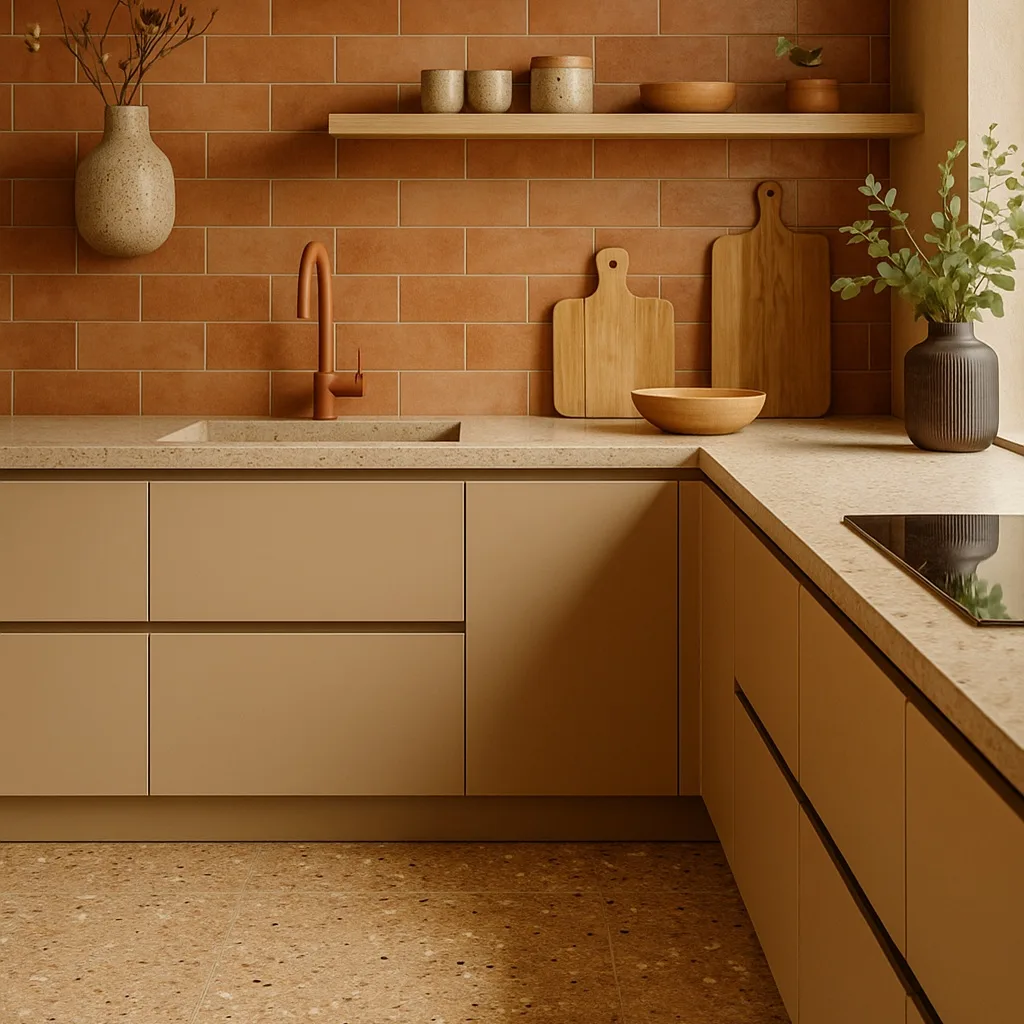 Keuken in roze cotto stijl met Revoir Paris Re-Bel Taupe terrazzo vloertegel. De warme taupe tint en subtiele korrelstructuur zorgen voor een zacht contrast met de roze keukenkasten. Een harmonieuze combinatie van karakter en elegantie, te koop bij Top Tegel 04.