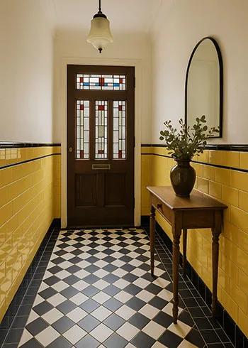 Jaren 30 inkomhal met gele metrotegels met biselado kanten als lambrisering, zwart-wit dambord tegelvloer, houten voordeur met glas-in-lood, vintage gang met warme verlichting en console tafel, stijlvolle retro entree.