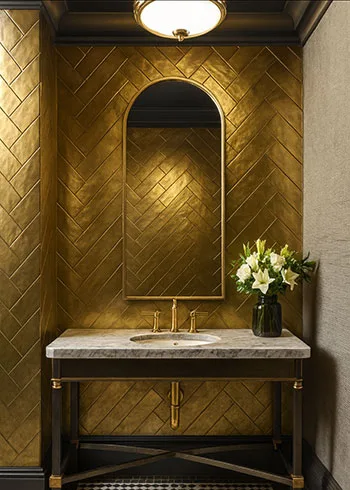 Deze gouden wandtegels uit de Revoir Paris Atelier Lux Gold collectie creëren een exclusieve sfeer met verfijnde glans en diepe goudtint. Ideaal voor hotel chique interieurs.