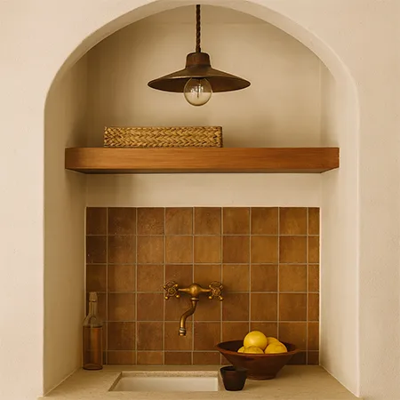 Mediterraanse keuken met oker gele wandtegels straalt warmte, zon en zuiders karakter uit. De glanzende tint en rijke kleur zorgen voor een levendige, sfeervolle keuken met charme.