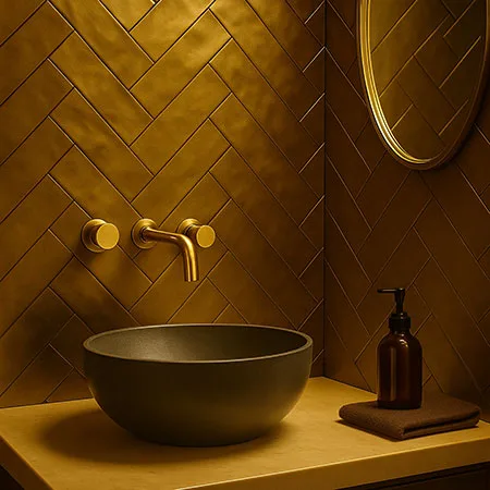 Gouden wandtegels van Revoir Paris Atelier Lux Gold zorgen voor een luxueuze, hotel chique uitstraling. De rijke goudtint en glans maken van elke wand een echte blikvanger.