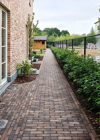 Landelijk tuinpad aangelegd met roodbruine kleiklinkers die perfect aansluiten bij de natuurlijke omgeving en gevelsteen. Deze gebakken klinkers zijn kleurvast, slijtvast en onderhoudsvriendelijk, ideaal voor tuinpaden rond de woning. Inspiratie en persoonlijk advies bij Top Tegel 04 in Ieper, West-Vlaanderen.