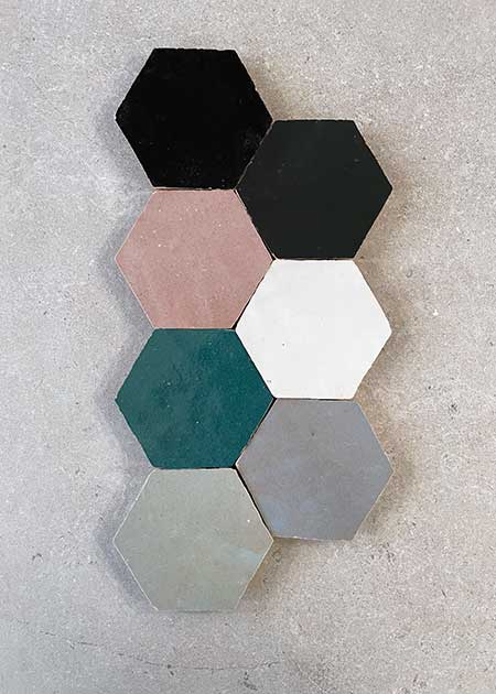 Hexagon zellige bestaan in verschillende formaten zoals 10x10cm, bejmat 5x15cm, hexagon, schubben of lampion.