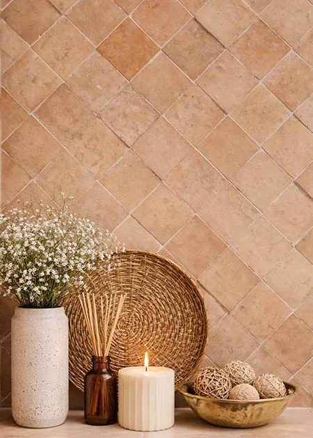 Badkamermuur met ongeglazuurde terracotta zelliges 10x10cm? Ontdek de warme, natuurlijke look van zelliges in onze showroom in West-Vlaanderen.