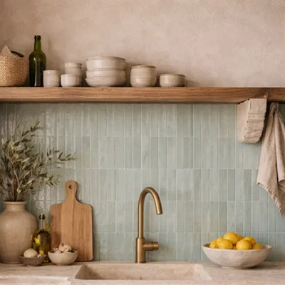 Spatwand in de keuken uitgevoerd in azuur blauwe langwerpige keramische zelliges 6,2x25 cm. Deze smalle wandtegels zorgen voor een verfijnd lijnenspel en een ambachtelijke uitstraling boven het werkblad. De subtiele glans en lichte variatie in het glazuur geven karakter, terwijl het keramische materiaal onderhoudsvriendelijk en duurzaam blijft. Perfect voor een moderne, landelijke of mediterrane keuken met stijl.