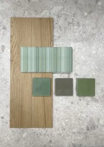 Goedkope kitkat tegels in pastel grôen. Hier in combinatie met ceppo tegels en houtlook.