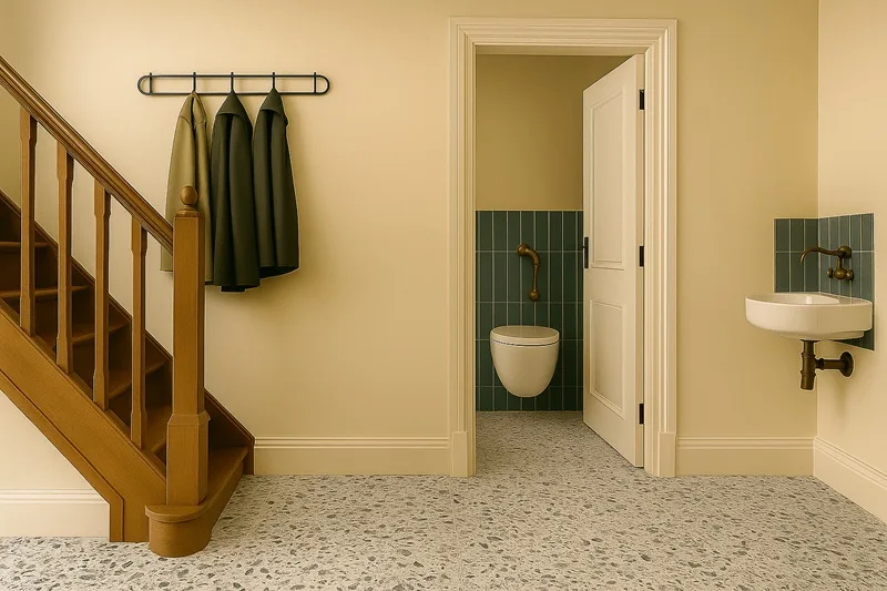 Inkomhal of gang met op de vloer de terrazzo tegels Rebel vert 60x60cm van Revoir Paris. Als wandtegels voor de wasbak en het toilet werd gekozen voor Provence Petrol 6.2x25cm. De tegels van Revoir Paris zijn te koop bij Top Tegel 04 in West Vlaanderen. Tussen Ieper, Roeselare en Kortrijk. 