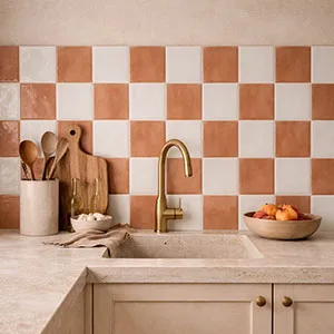 Keramische zelliges 12,5x12,5 cm geplaatst in een stijlvol dambordpatroon in wit en roze. Deze vierkante wandtegels brengen een speelse maar elegante uitstraling in badkamer, keuken of toilet. De subtiele glans en lichte onregelmatigheden zorgen voor een authentieke zellige look, terwijl het keramische materiaal onderhoudsvriendelijk en duurzaam blijft. Perfect voor wie kleur en karakter wil toevoegen aan een interieur met een zachte, tijdloze toets.