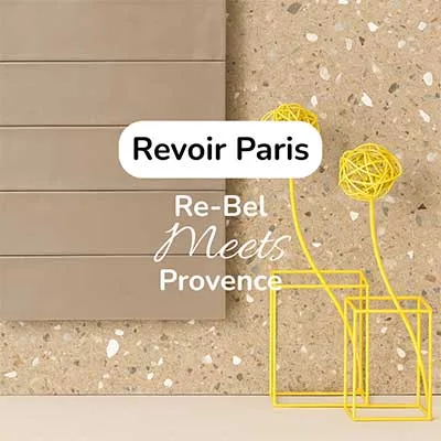 Revoir Paris combineert Re-Bel terrazzo vloeren met kleurrijke Provence wandtegels. Deze unieke mix van 11 tinten zorgt voor een speels en eigentijds interieur, waarin zuiderse charme en Belgische durf samenkomen tot een warm en karaktervol geheel.