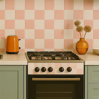 Moderne retro keuken in munt groen met als spatwand vierkante wandtegels in dambord roze wit geplaatst. 