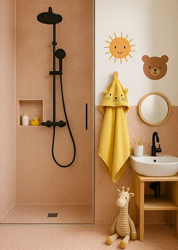 Deze roze mozaïek van Terratinta is ideaal voor een hippe kinderbadkamer. Speels, zacht en toch super stijlvol.