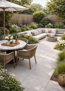 Moderne kleine stadstuin met keramische beige betonlook terrastegels uit onze outlet. Deze goedkope terrastegels maken elke tuin tot een betaalbaar pareltjes