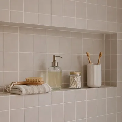 Beige retro tegels 10x10 in badkamer nis van Winckelmans, Topcer en Pavigres te koop in toonzaal West-Vlaanderen tussen Ieper, Kortrijk en Roeselare met keuze uit meer dan 70 kleuren ongeglazuurde keramische full-body tegels