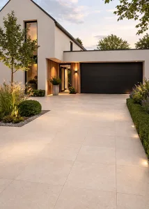 Beige betonlook terrastegels 60x60x2 cm uit de terrastegel outlet gebruikt als oprit bij een moderne villa, geplaatst recht op recht met smalle voegen. Keramische buitentegels in zandbeige kleur met subtiele betonstructuur, geschikt voor oprit, terras of tuinpad. Slijtvaste en vorstbestendige terrastegels die zorgen voor een strakke moderne uitstraling rond de woning en perfect combineren met hedendaagse architectuur en een minimalistische tuin.