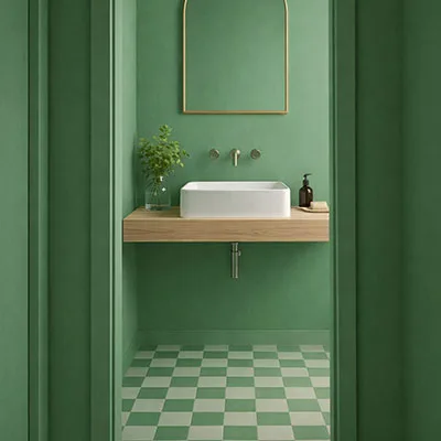 Badkamer met dambord patroon wit groen in voleramische tegels van pavigres 15x15cm