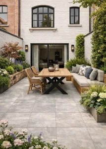 Kleine stadstuin met grijze betonlook tegels 60x60x2cm te koop bij Top Tegel 04 nabij Ieper. Kom langs naar onze outlet in terrastegels in West Vlaanderen en ontdek onze goedkope terrastegels voor doe het zelvers.