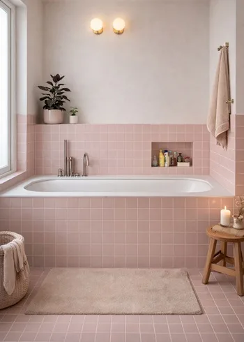 badkamer met zachte roze keramische tegels 10x10 cm rond bad en nis, moderne badkamer inspiratie met kleine wandtegels in pastel kleuren