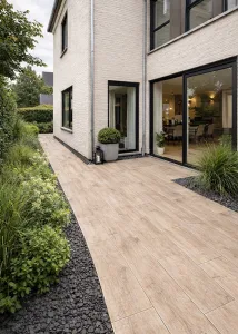 Te koop in onze outlet voor keramische terrastegels: Warm beige keramische houtlooktegels 30x120