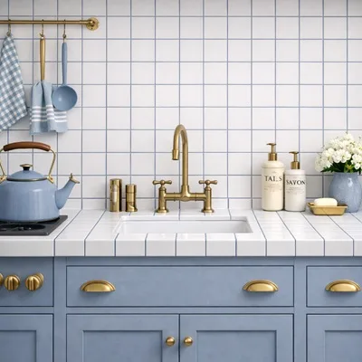 keuken met witte keramische tegels 10x10 cm als spatwand boven blauwe keukenkasten en gouden kraan, inspiratie kleine keuken tegels vergelijkbaar met winckelmans topcer en pavigres te koop bij top tegel 04 in ieper