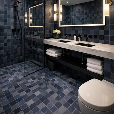 Donkerblauwe retro tegels 10x10 als gevelbekleding en wandtegels, keramische tegels van Winckelmans, Pavigres en Topcer, ideaal voor een moderne en stijlvolle uitstraling in interieur en exterieur