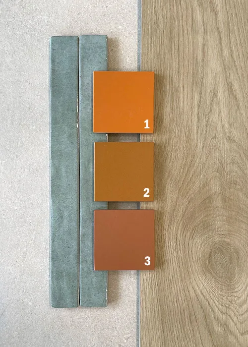 Moodboard met oranje retro tegels 10x10 gecombineerd met houtlook tegels en groene wandtegels, keramische tegels van Pavigres, Winckelmans en Topcer voor vloer en wand