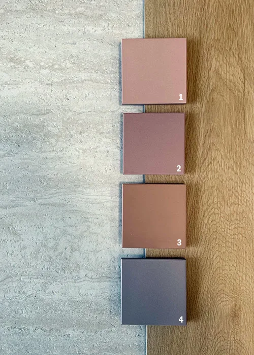Moodboard met roze tegels 10x10 in verschillende tinten, gecombineerd met beige en houtlook tegels, keramische tegels van Winckelmans, Pavigres en Topcer voor vloer en wand in keuken en badkamer