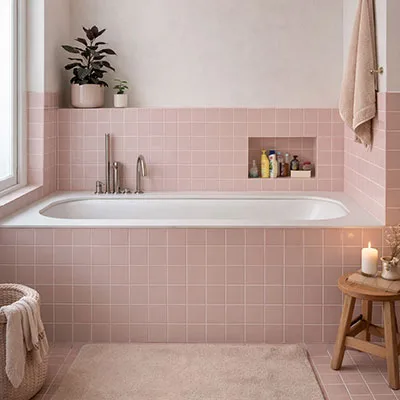 Roze retro tegels 10x10 in zachte tinten, keramische tegels van Winckelmans, Pavigres en Topcer voor vloer en wand in keuken, badkamer en toilet, warme en stijlvolle uitstraling