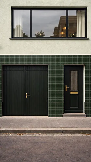 Gevel met donkergroene keramische tegels 10x10 als gevelbekleding, retro tegelstijl van Winckelmans, Pavigres en Topcer, geschikt voor moderne en landelijke woningen